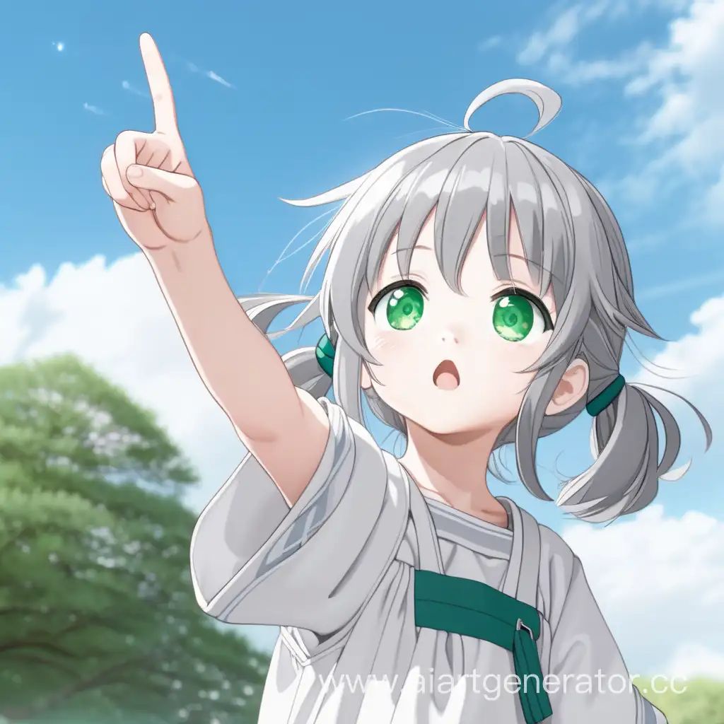 маленькая аниме девочка показывает на небо, у нее серые волосы и зеленые глаза