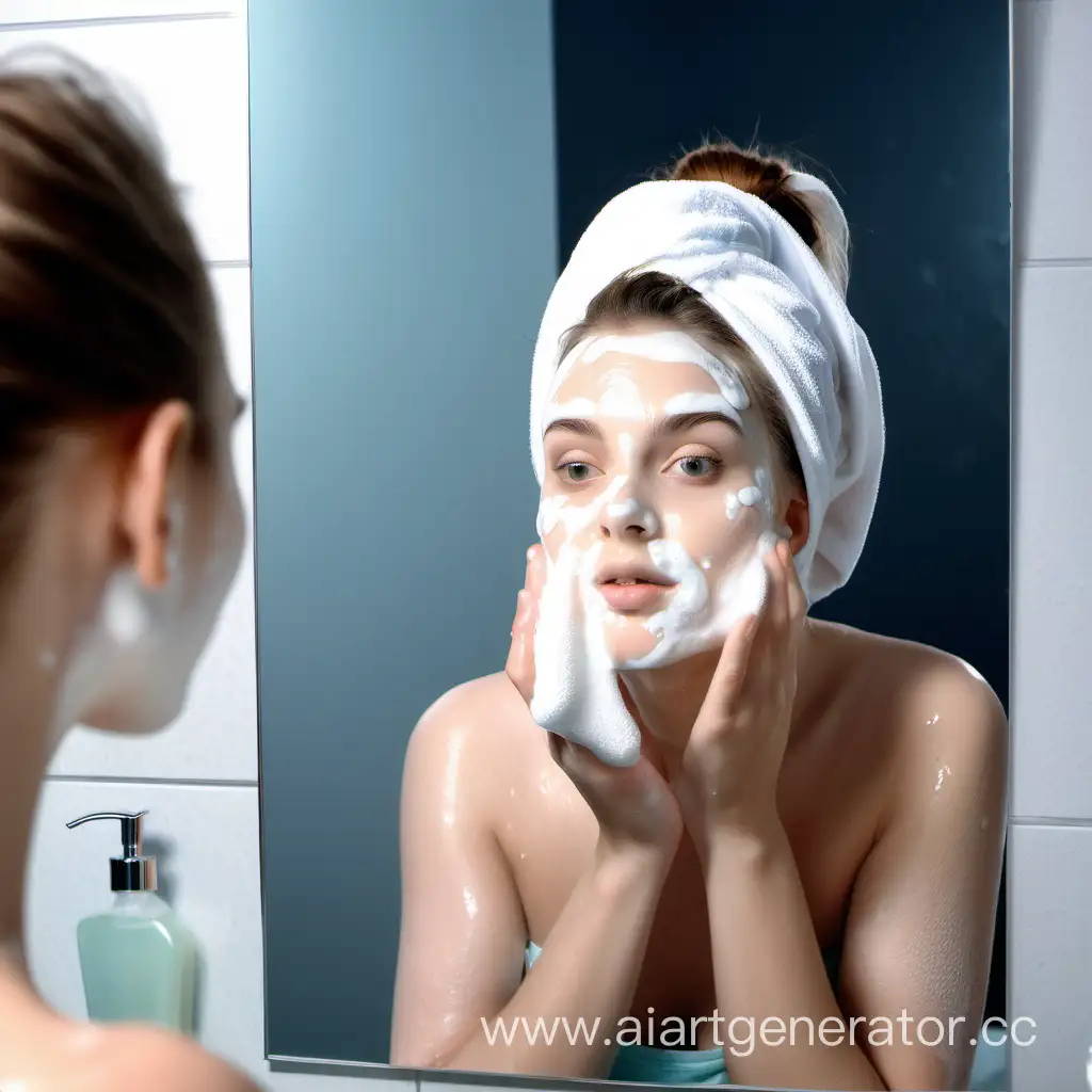 Girl-Washing-Face-with-Foaming-Cleanser-and-Reflection-in-Mirror