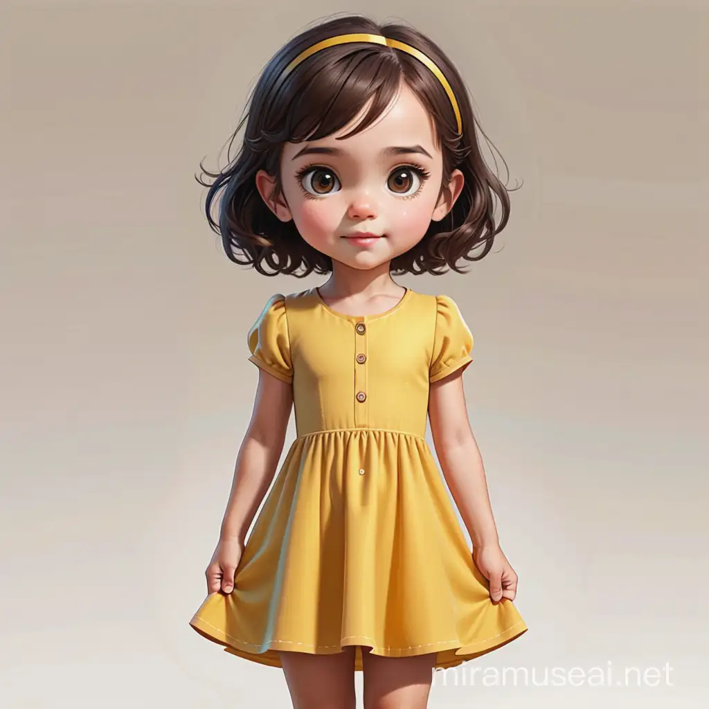 A female kid have a 5 years old  , medium light skin, dark brown small eyes, very very short brown hair, yello dress, cartoon type