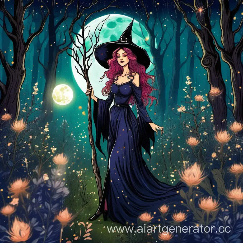 a beautiful witch in a blooming forest in a clearing illuminated by a bright moon in summer