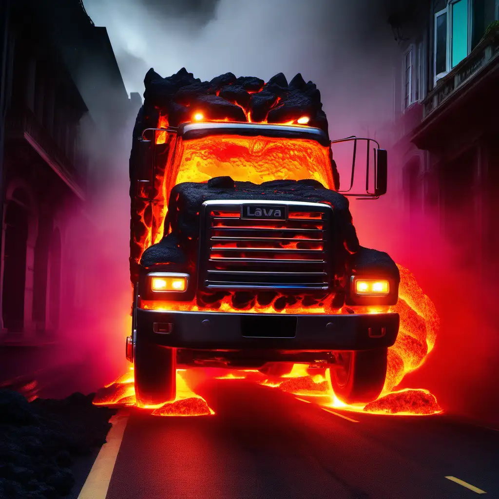 truck made of lava driving down street in the dark, bright colors
