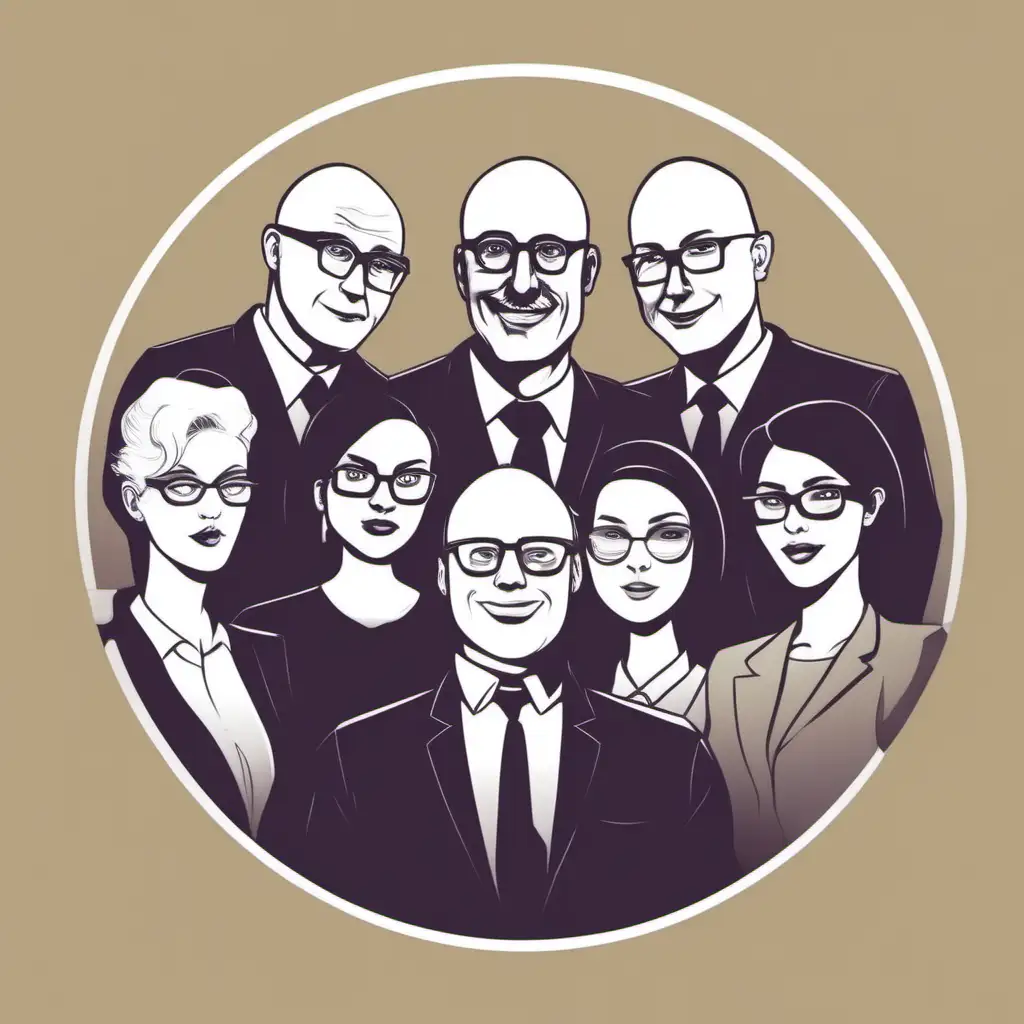 BCM Team chat. use simple shapes for a Telegram icon. there should be one bald man with the glasses. the others are ladies