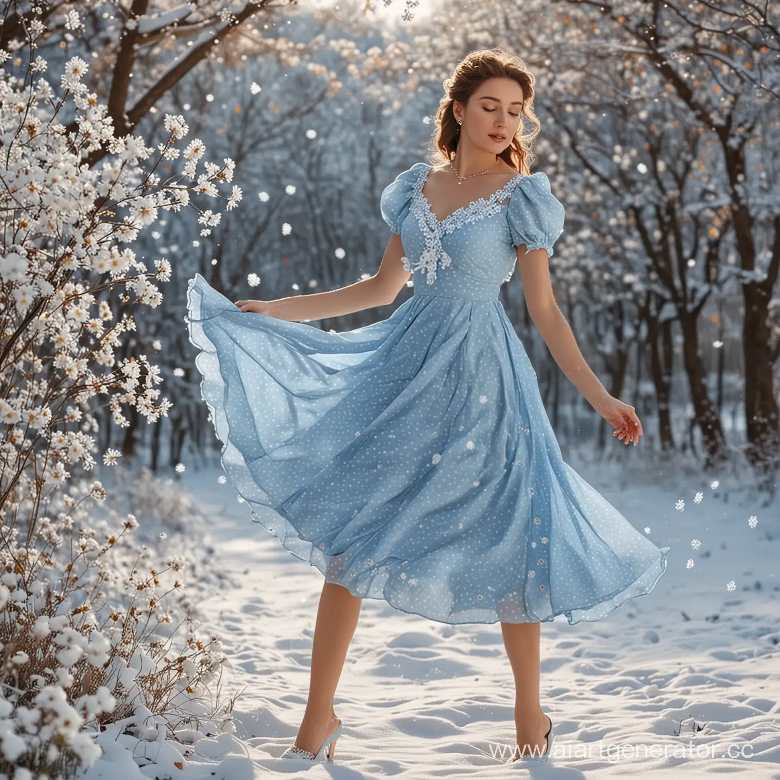 Алинка-красавица в потрясающем голубом платье в белый горошек в бальном танце вокруг снежинки и разноцветные цветы