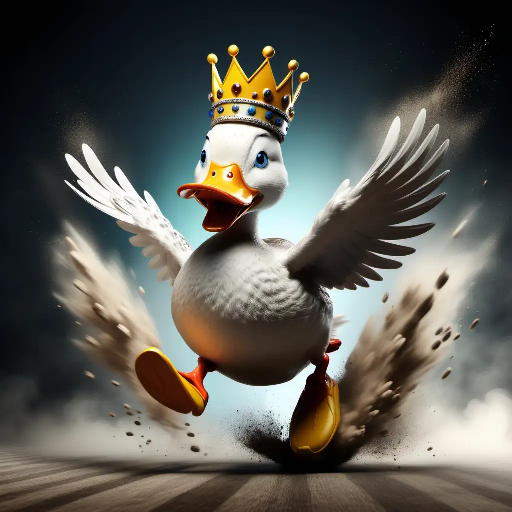 Energetic Cartoon Duck with Crown Speeding Through Dust Clouds