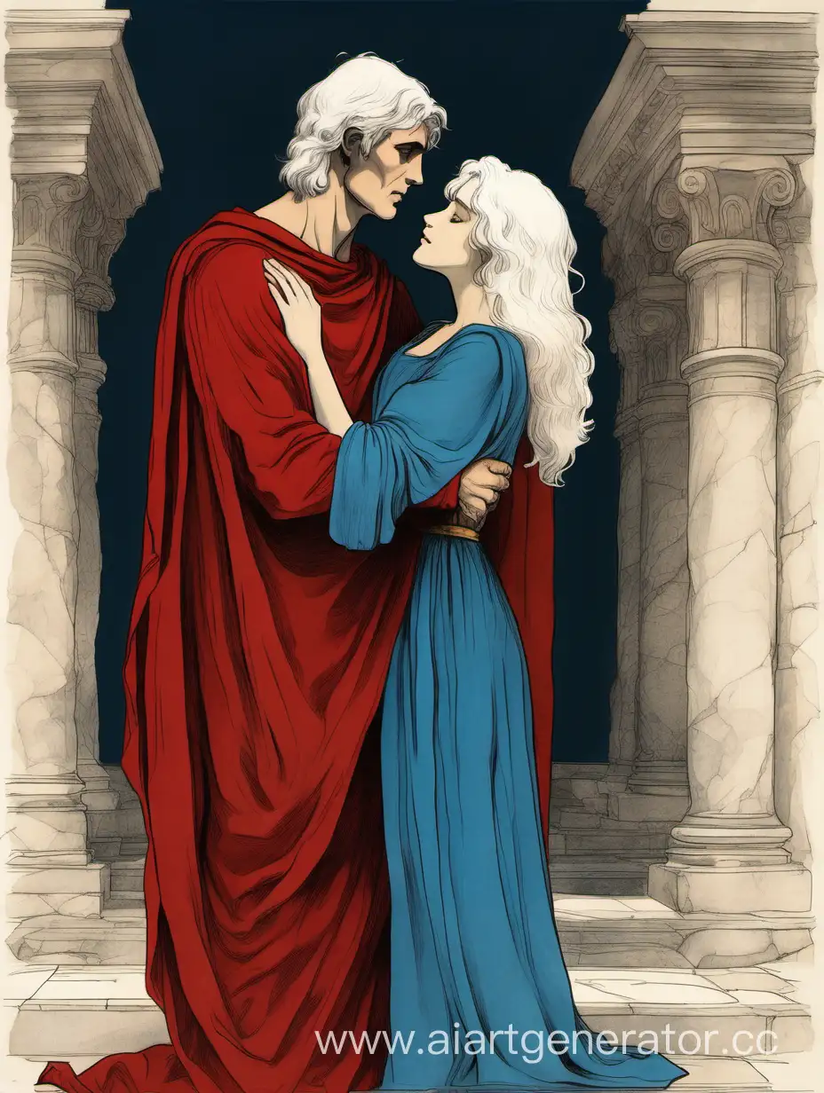 Юноша высокого с белыми короткими волосами в римском хитоне и красном плаще нежно обнимает хрупкую девушку низкого роста с темными длинными волосами, одетую в простое голубое платье из мешковины с длинными рукавами