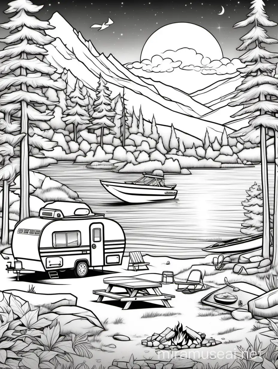 White and black image, white background, for a coloring book, The scene depicts a serene campground, In the foreground, a trailer with a pick-up truck, there's a crackling campfire with a family around it.  In the distance, a lake glistens under the sun with jetskis in the lake.