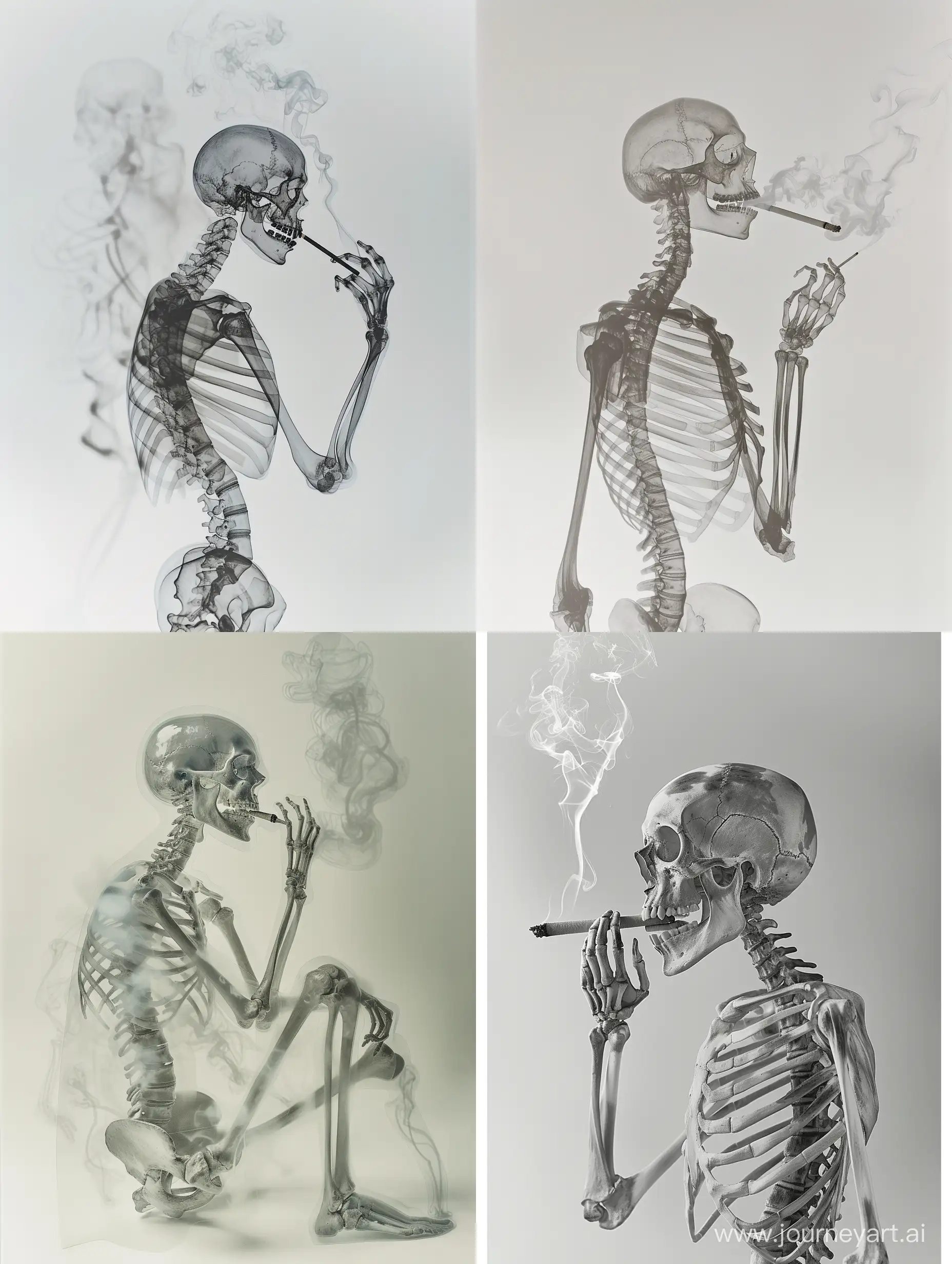 absurd, fine-art photography, a skeleton smoking, x-ray, light-gray lighting, in the style of minimalism photography, studio photography --ar 3:4 --style raw --v 6