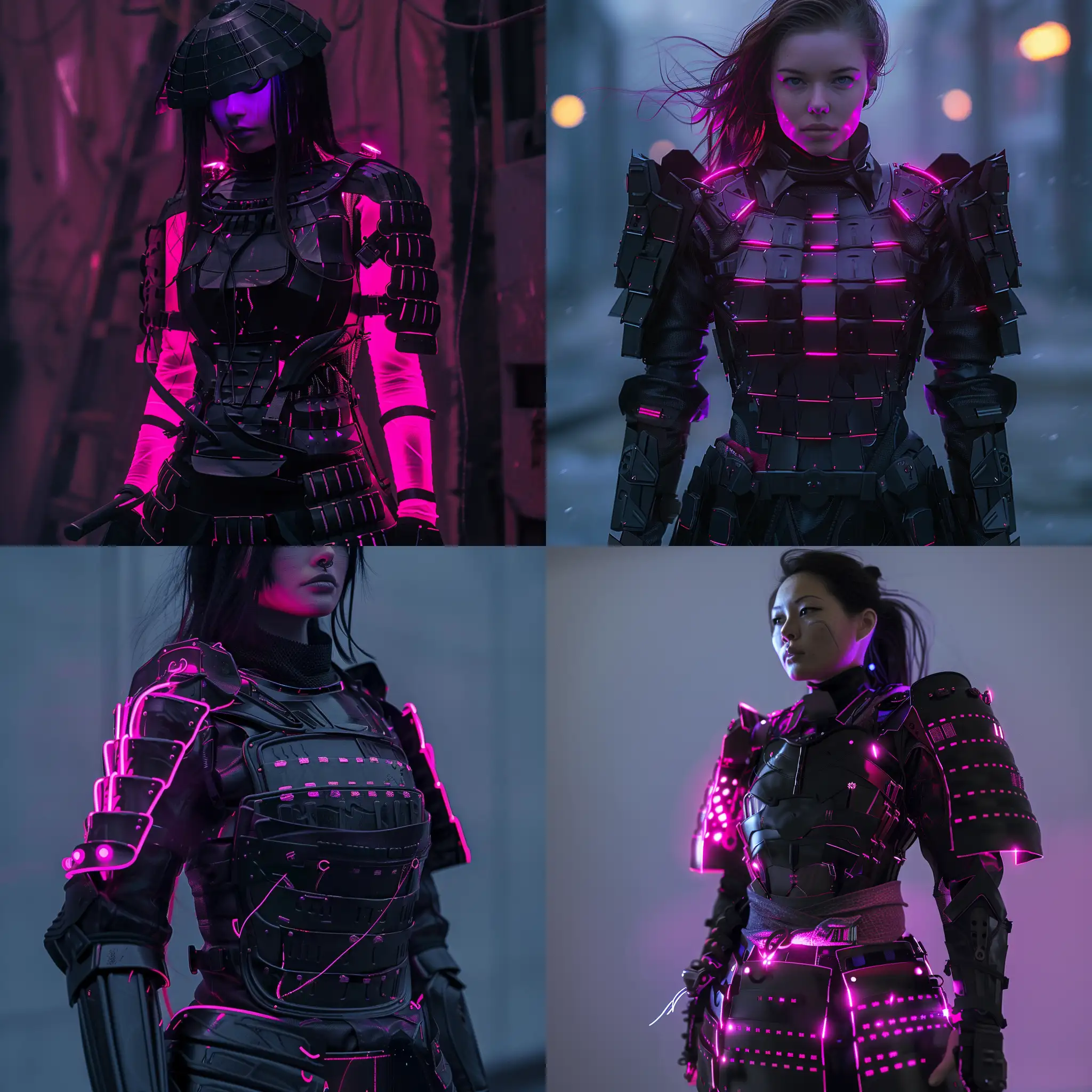 femme en armure noir cyberpunk  avec des lumiere rose et violet . l'armrue est fait des plaque ressemblant a une armure samourai a 20%