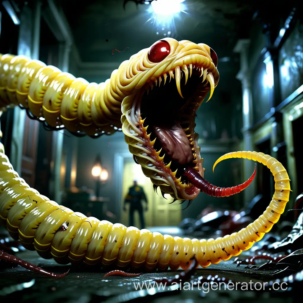 a huge dangerous and scary yellow worm with a mouth. resident evil style
