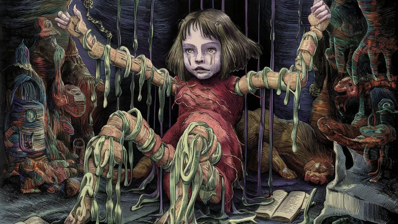 girl as strange puppet,  melting books, surrealism, dark vibe, weirdness, colorful ink style with line art 