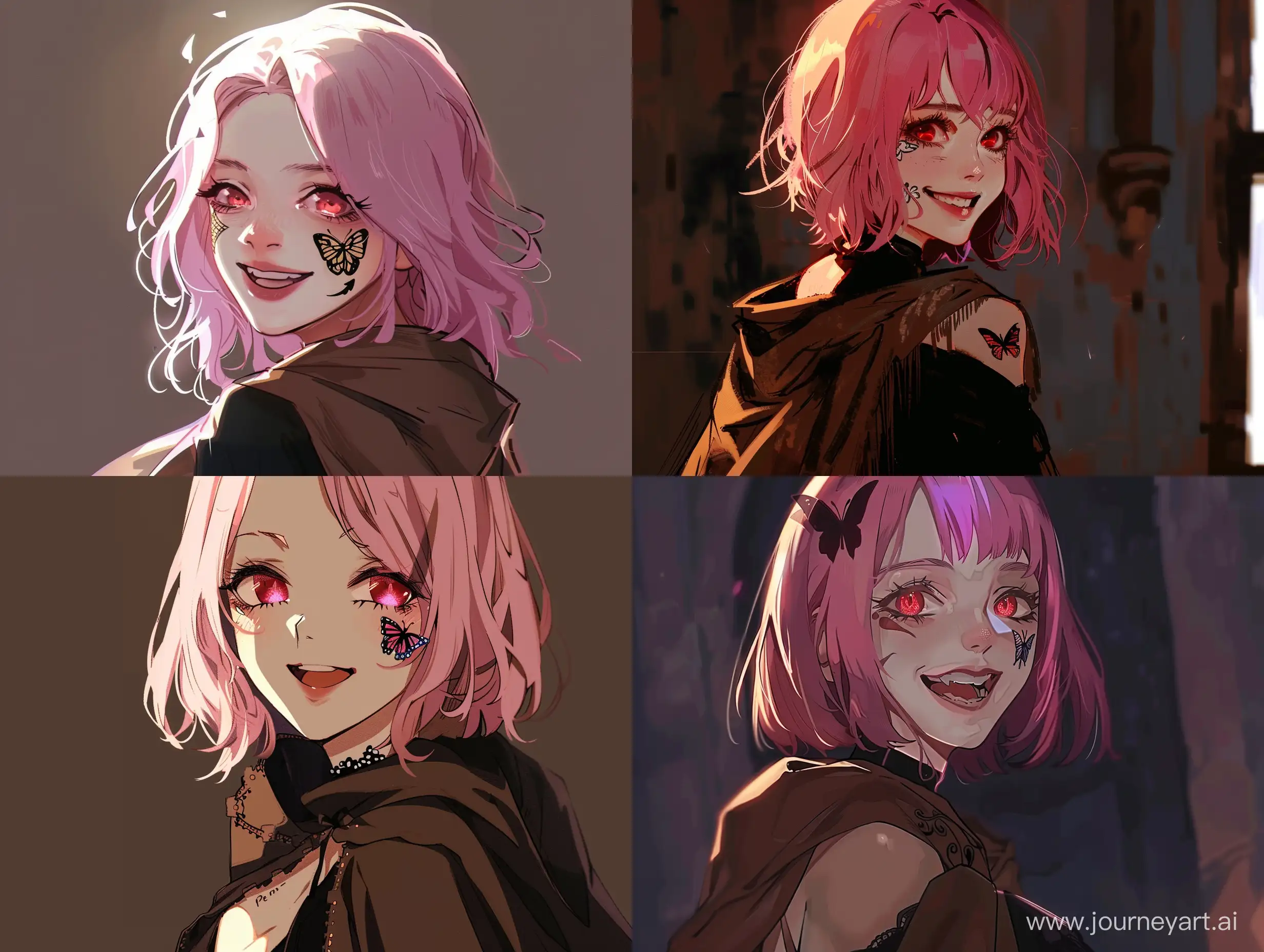 anime art, girl, pink hair, a butterfly tattoo on her cheek, red eyes, smiling cheerfully as if the world brightened following her smile, wearing elegant black dress and brown cloak.