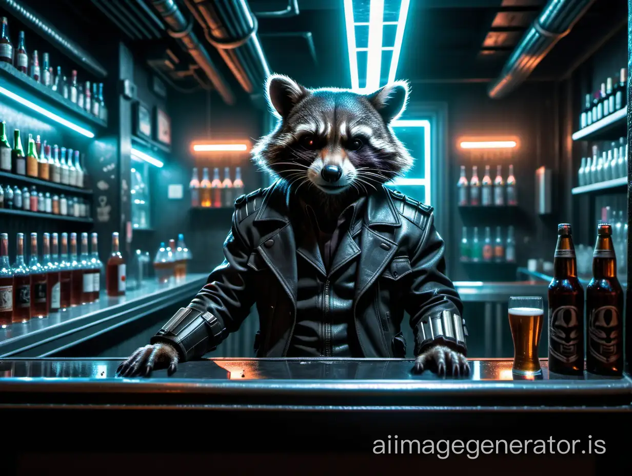 "Rocket Raccoon" noir at the bar in the cyberpunk style,(neon lighting,Giger-style abandoned world location);(epic, epic detail, masterpiece, best quality, photorealistic, ultra-high detail)