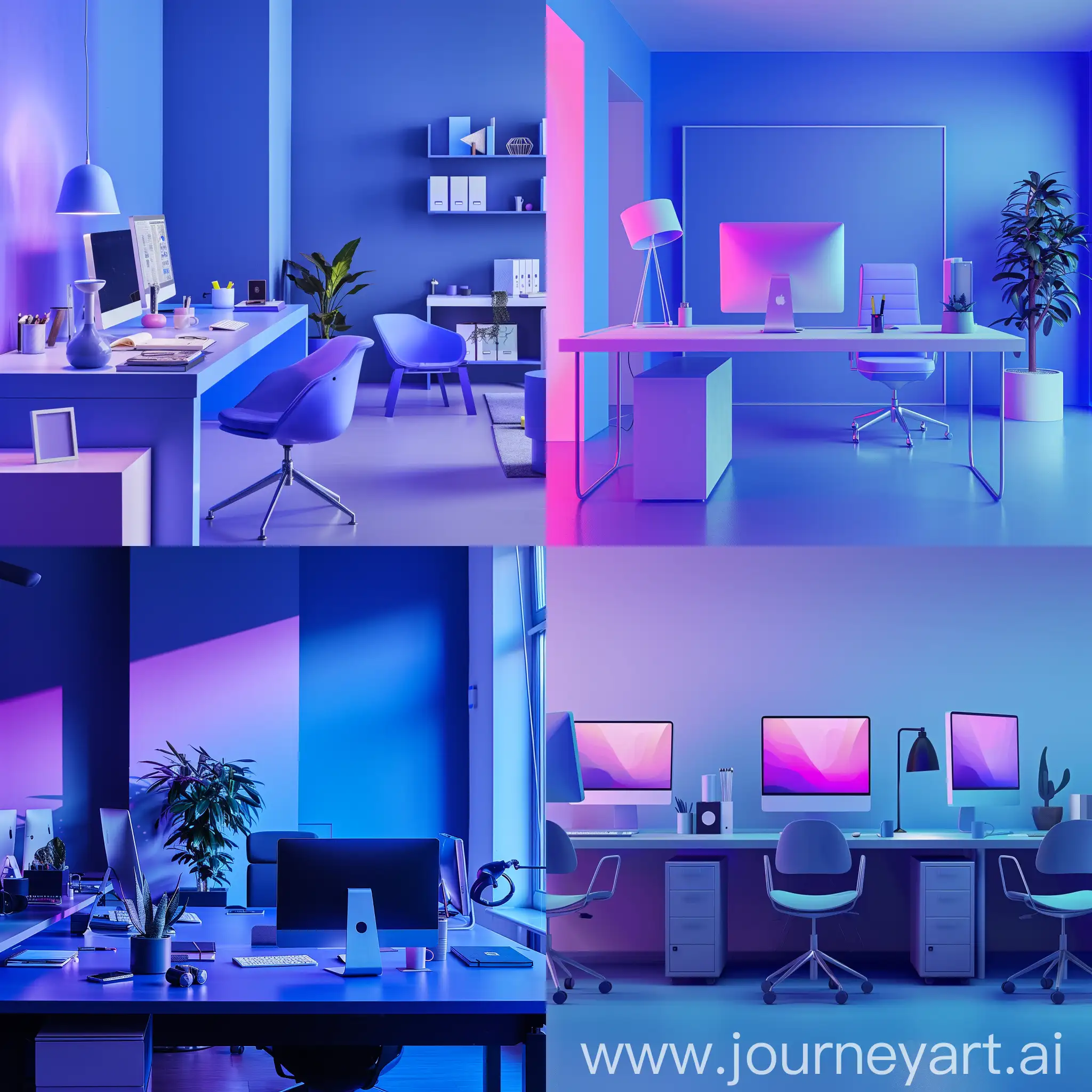 Empty graphic designer's office, blue and purple colors, the office is nice, the background is calm