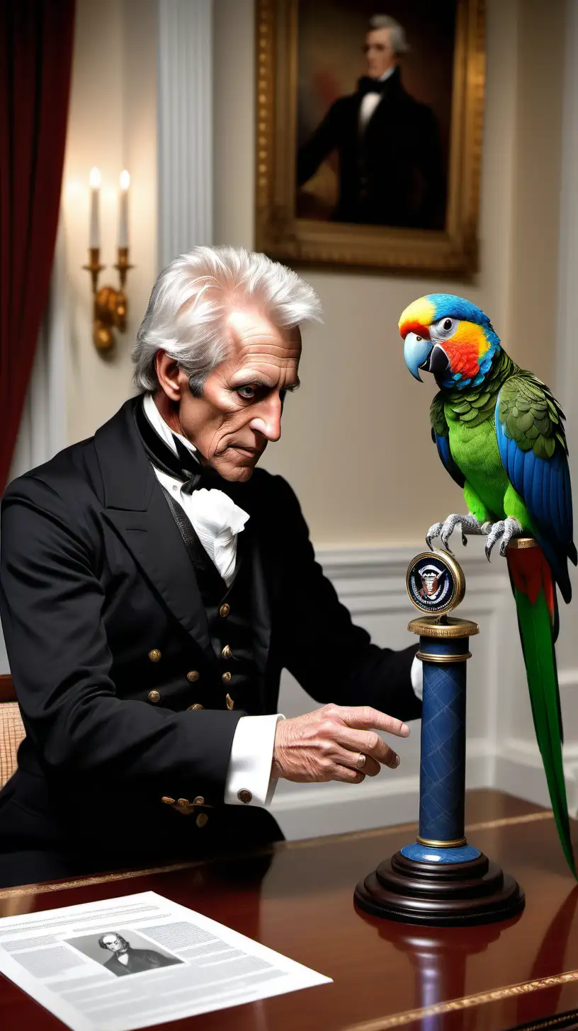 Design a scene of Andrew Jackson interacting with his parrot  Polly in the White House. Show Jackson teaching the parrot to talk. the parrot it sitting on a table in front of andrew jackson