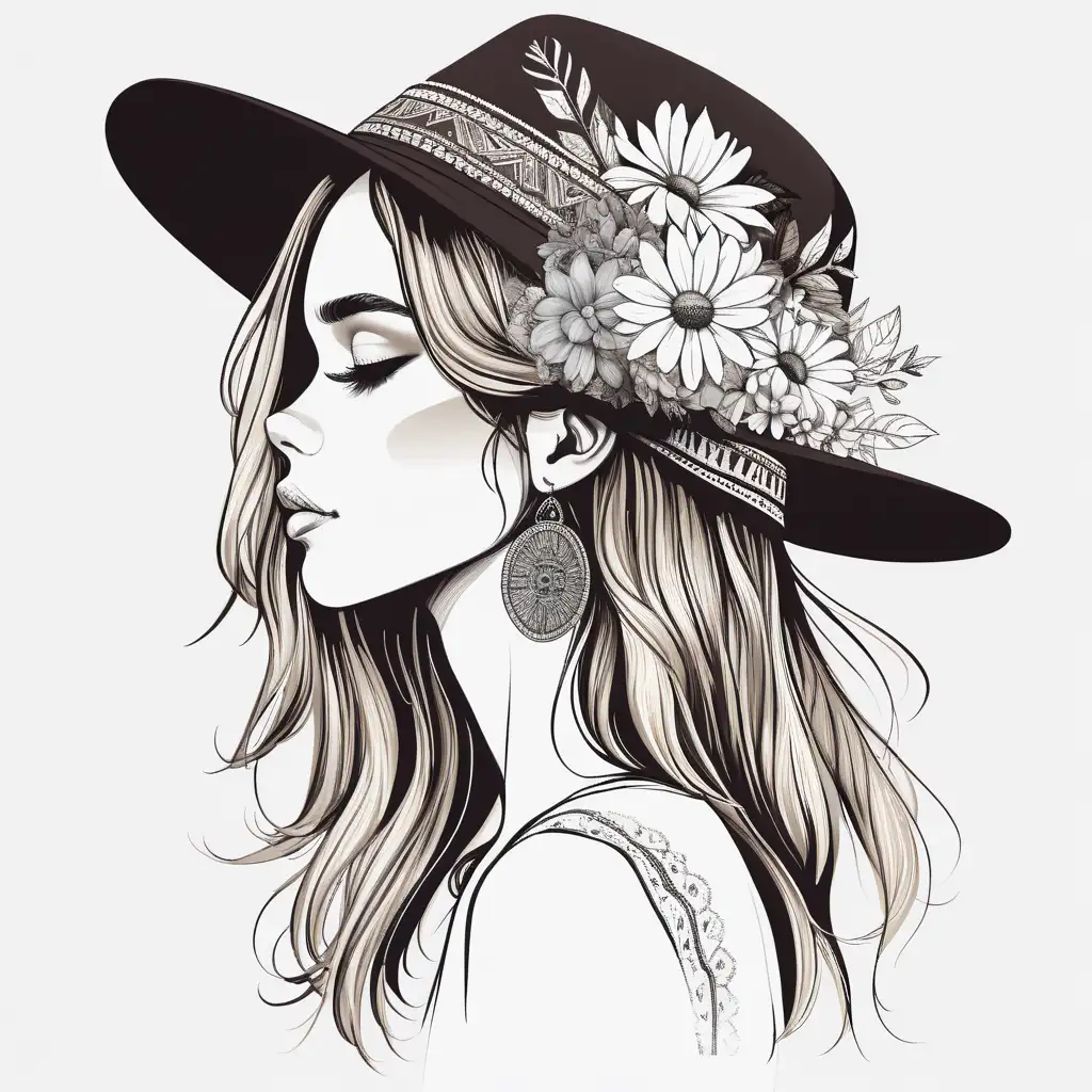 woman, structured jawline, looking down, wearing a boho hat, half face, with hair, flowers on hat, vector