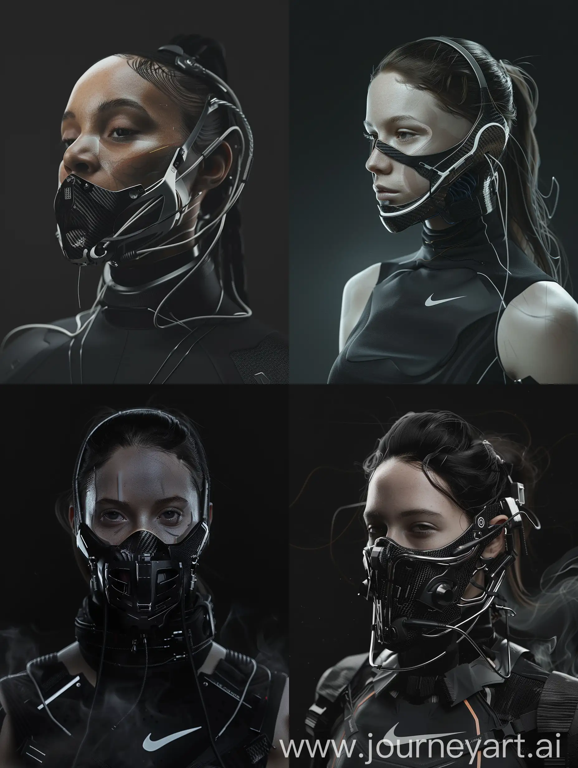 
Against a sleek black backdrop, witness the captivating presence of a character adorned with a cybernetic mouth-covering mask. It seamlessly merges cutting-edge technology with intricate details, showcasing carbon fiber textures, sleek aluminum accents, and pulsating wires. Symbolizing the delicate equilibrium between humanity and machine, her appearance embodies the essence of a futuristic cyberpunk aesthetic, further accentuated by Nike-inspired add-ons. With dynamic movements reminiscent of action-packed film sequences, accompanied by cinematic haze and an electric energy, she exudes an irresistible allure that commands attention.