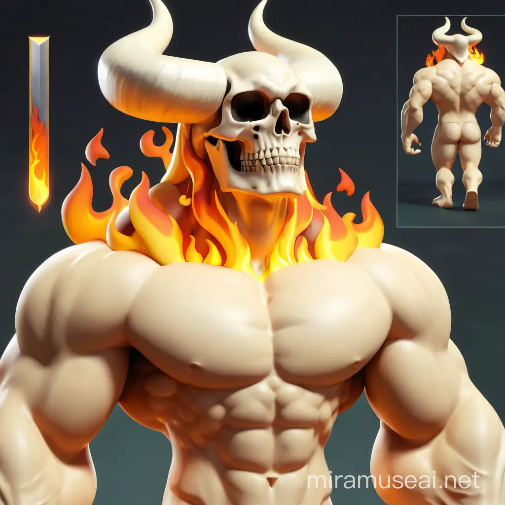 Humanoid character with a human skull for a head, smug eyes, fire around the neck and trapezius, cream horns pointing up, soft pale detailed cream white skin, wide shoulders, naked, biceps, thick thighs, rear, smooth details, detailed scenary, gluteus