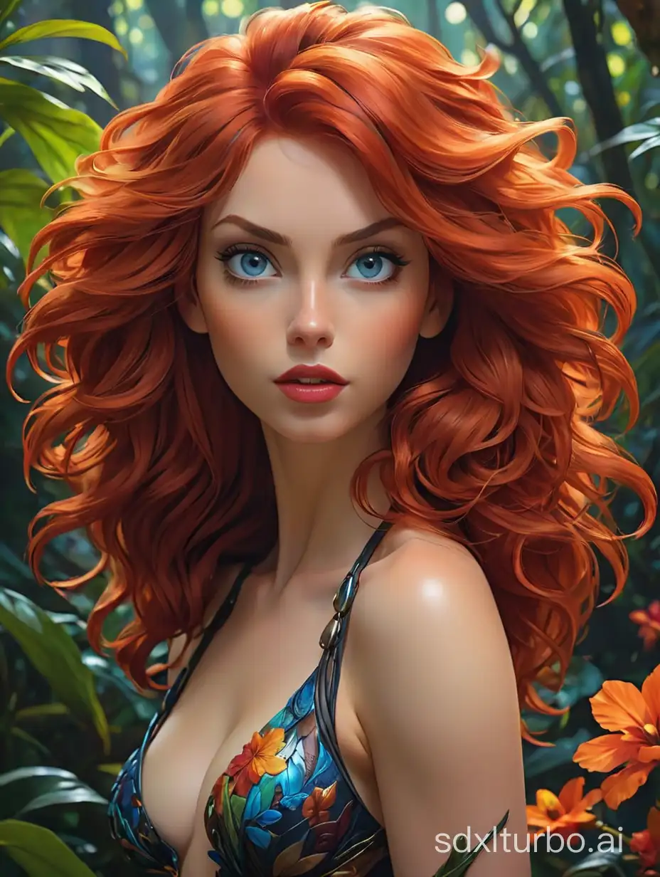 Beautiful nude woman with fiery red hair, deep-blue eyes, sultry dark lips, statuesque dancer’s body, fantasy flowers in the background, in the style of Artgerm, in the jungle, psychedelic sci-fi artwork --ar 3:4 --stylize 900