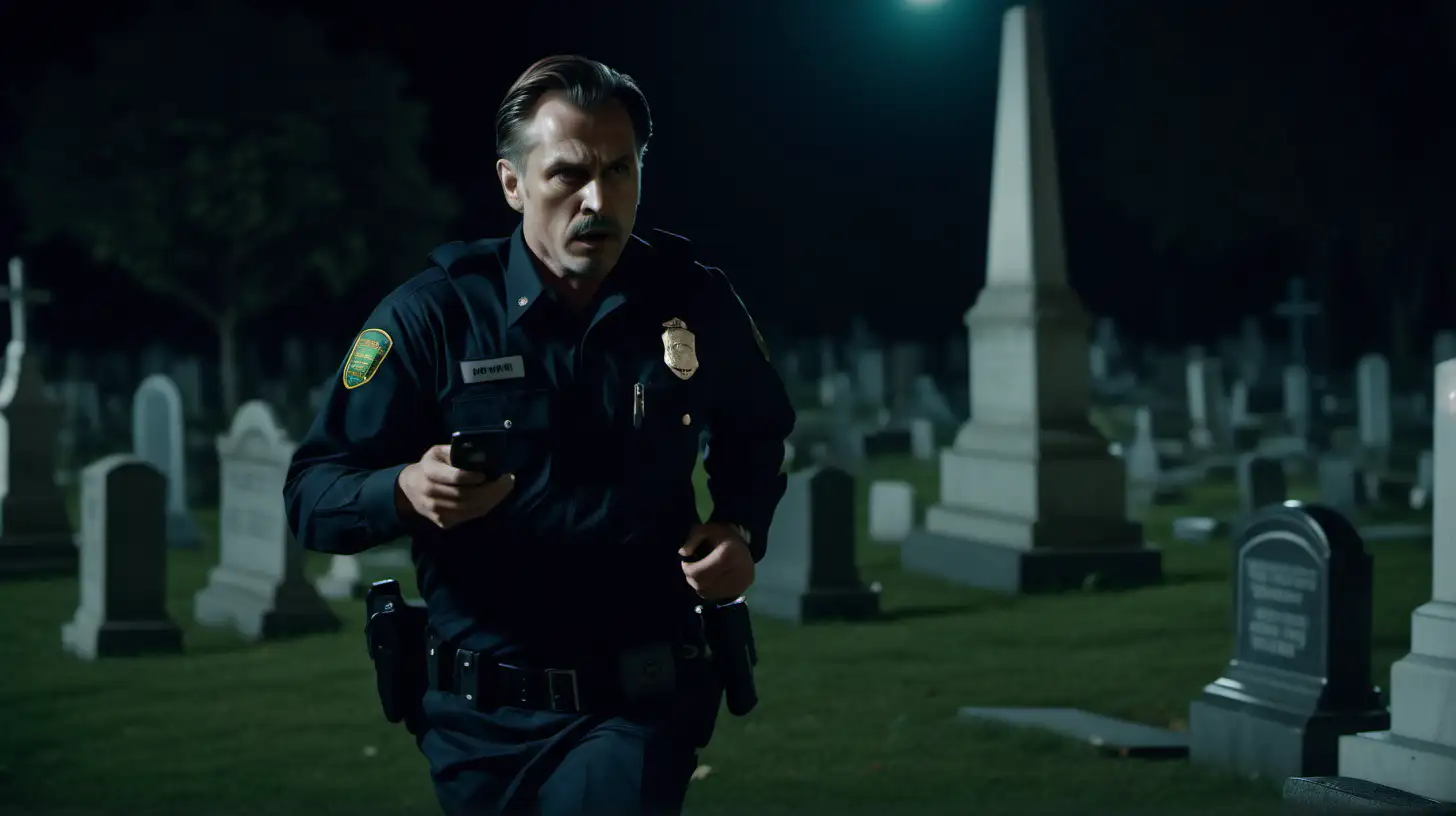 a cinematic scene, ultra realistic, Extreme Long Shot, film grain, IMAX 70mm film still, cinematic color grading,  detailed faces, dramatic lighting, captured by Canon Cinema EOS, medium hair 40-year-old white male security guard running and mad and watching mobile phone, at night in cemetery --v 5 --style raw --no other people
