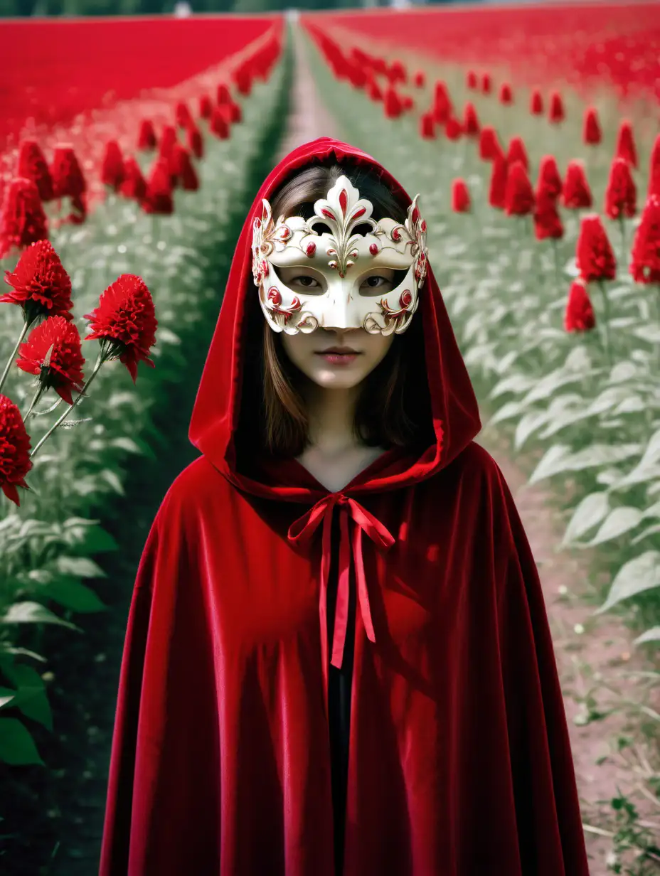 mujer joven, con una máscara de flores,  capa de terciopelo de color rojo, en un campo de flores rojas