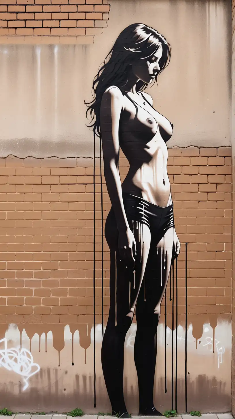 Urban Graffiti Art Minimalist Stencil of Elderly Nude Woman on Weathered Bricks