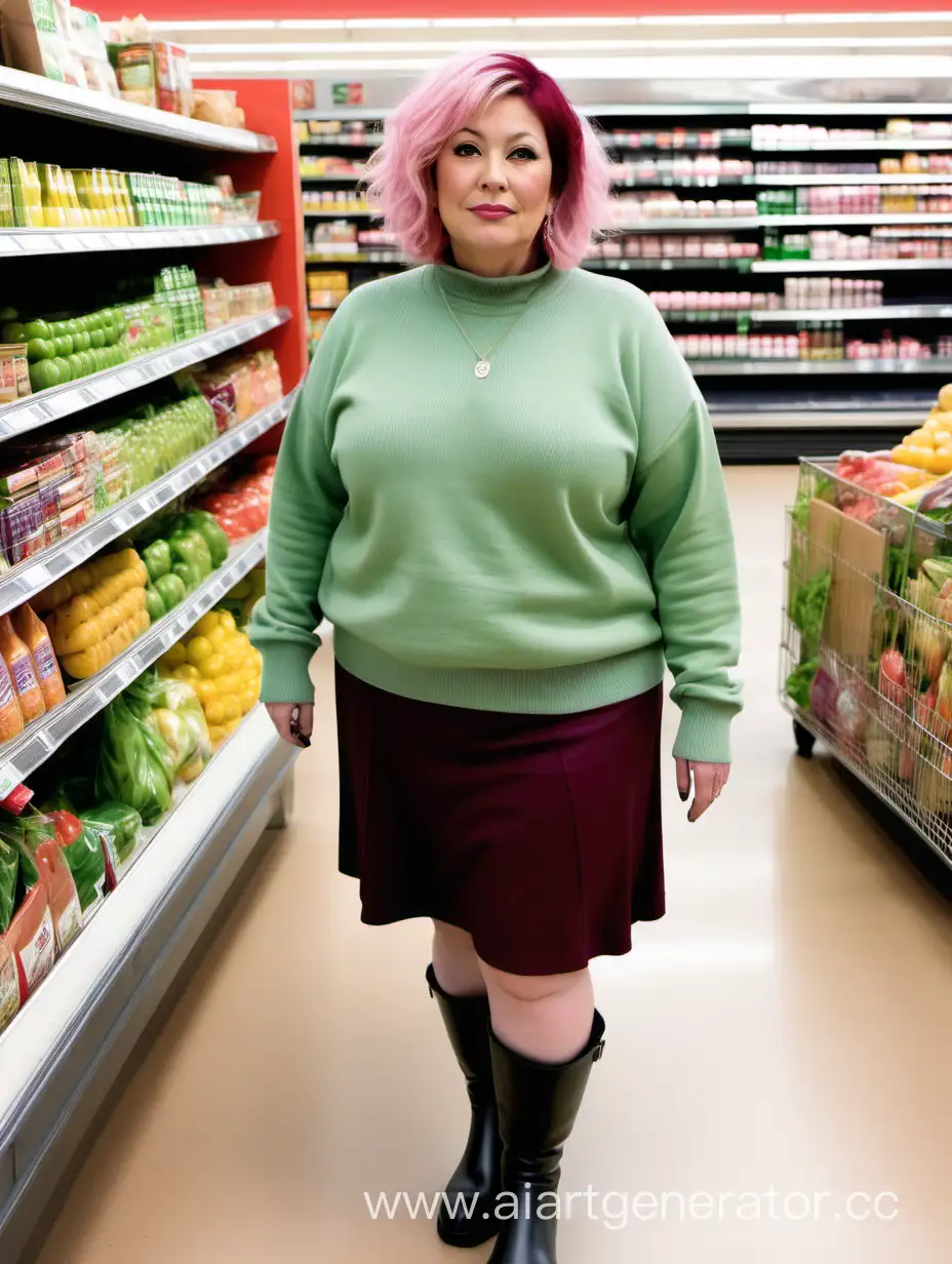 Женщина полненькая 50 лет со светло-розовыми волосами. Одета в светло-салатовый джемпер. Бордовая юбка ниже колен. На ногах чёрные ботфорты. Фон супермаркет. 