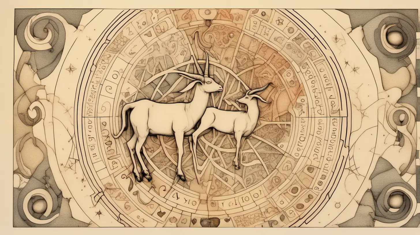  Astrogical wheel capricorn in love, etching, on light beige, bold color, muted palette,, loose line drawing, playfully intricate, puzzle-like elements, 