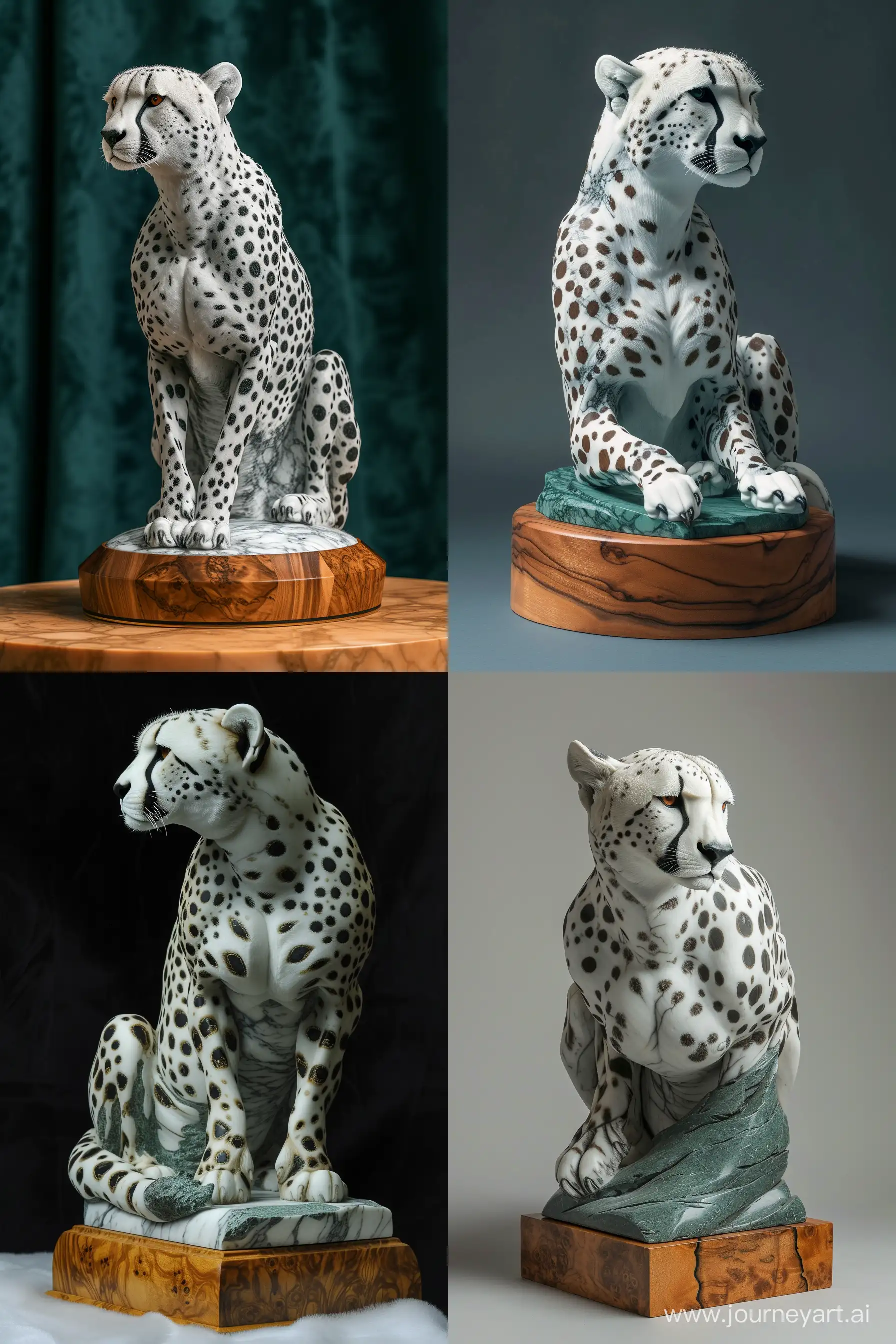 A Marble Sculpture of Cheetah Wooden Base, Bust Style, Hunter Green Background, Cinematic Pose, High Precision --q 1 --ar 2:3