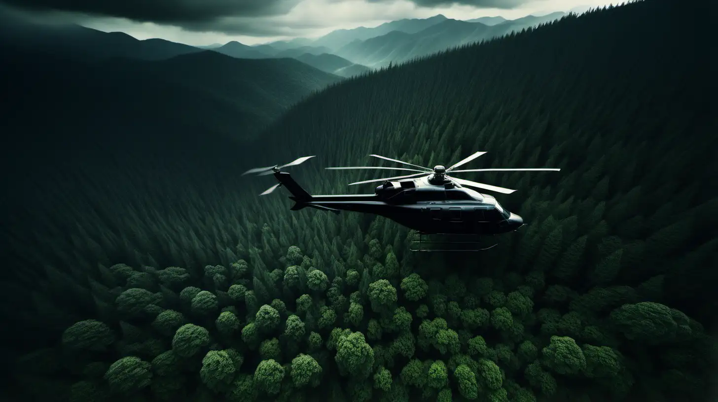 Dark Fantasy, Extreme Wide Shot, helicopter flying over dense forest