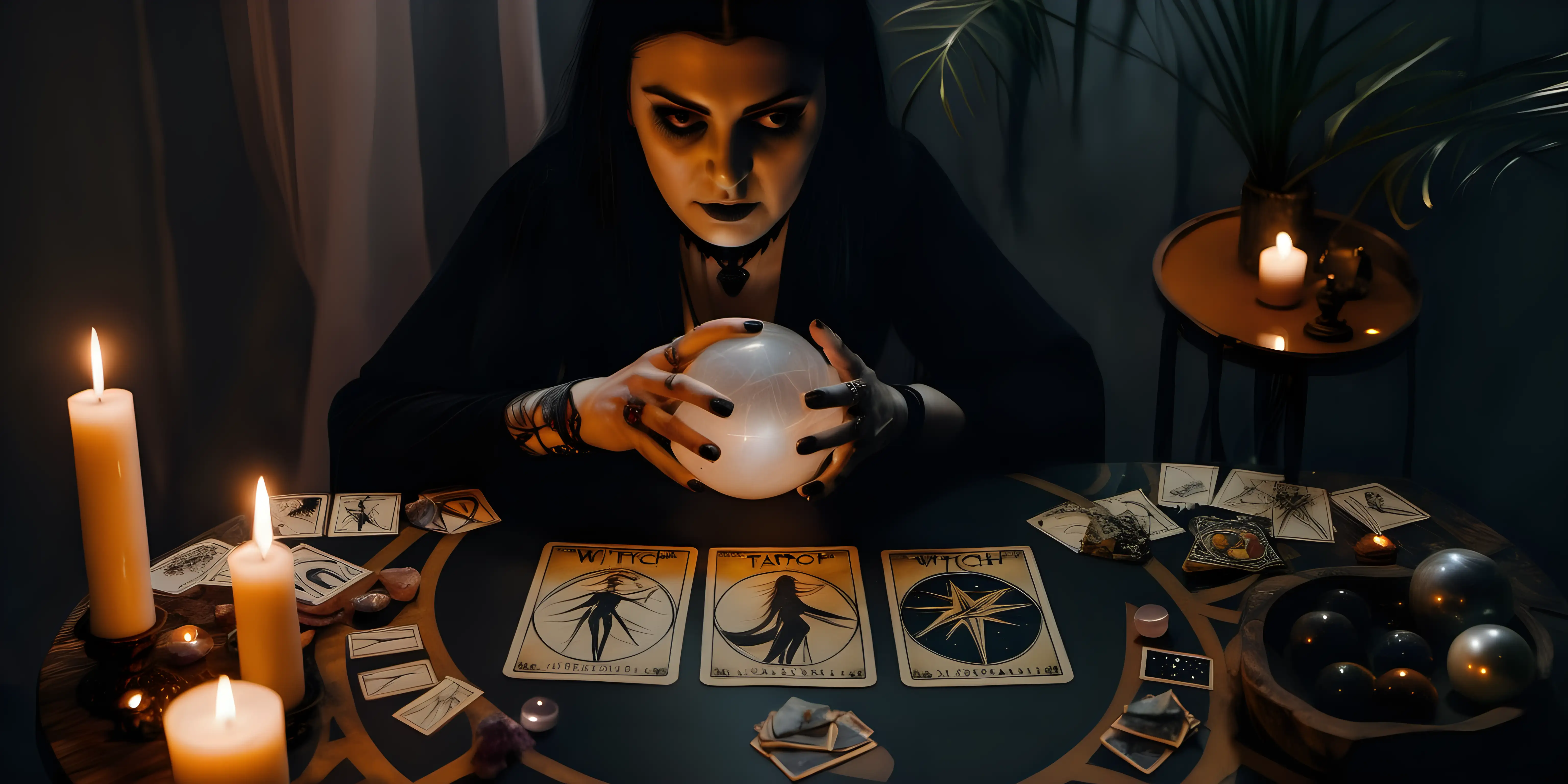 a witch reading tarot cards ,she has a crystal ball on the table & palmistry