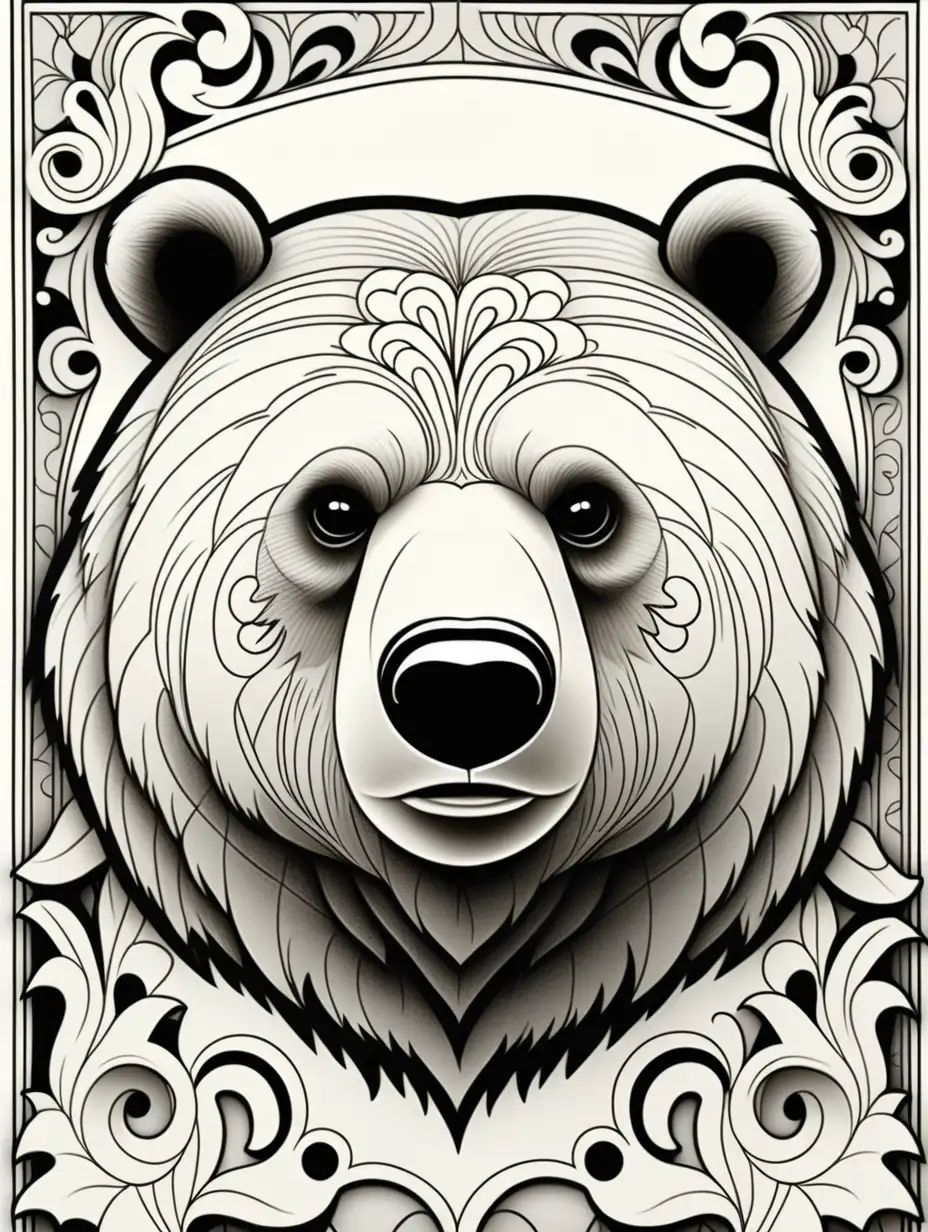 black lines, no shading, grizzly bear, no color, damask Motif Pattern outlined, outline drawing, unfilled patterns, black lines, no shading, coloring book page, clean line art, line art, no shading, clear edges, coloring book, black and white, no color, line work for coloring