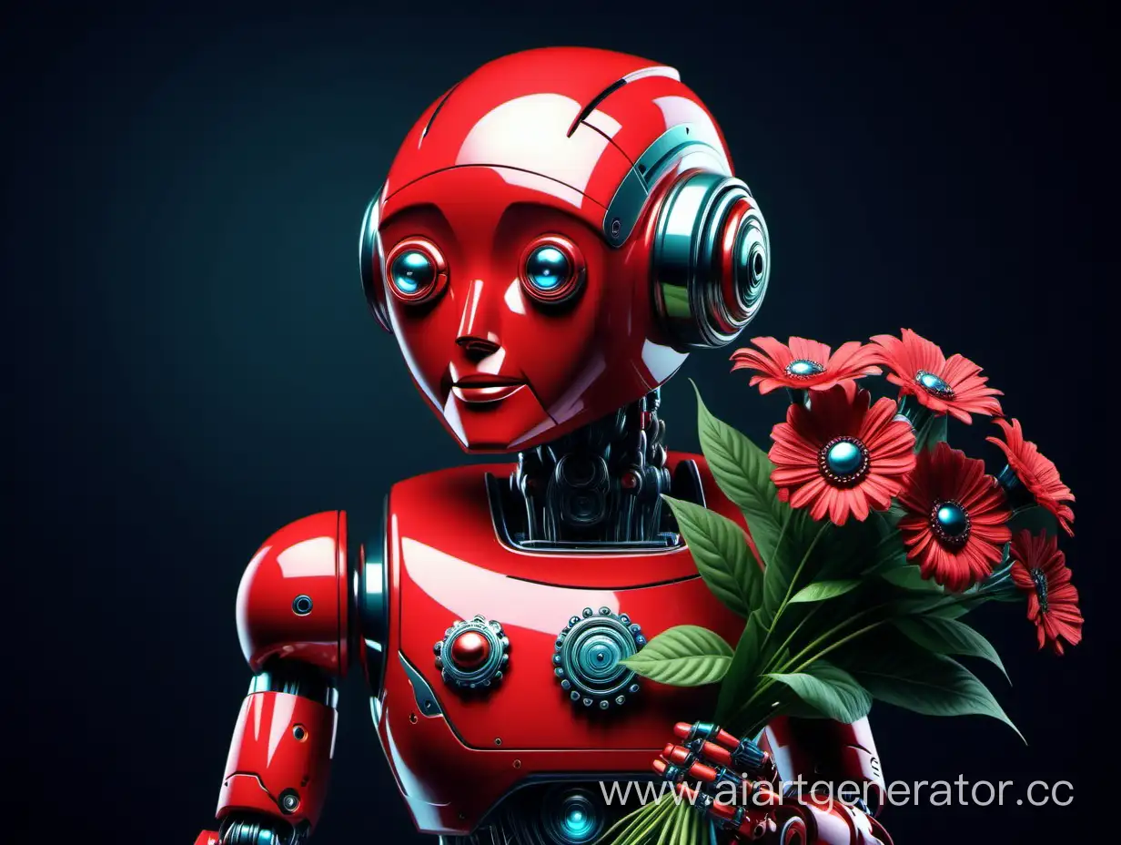 милый красный робот с шикарным букетом цветов