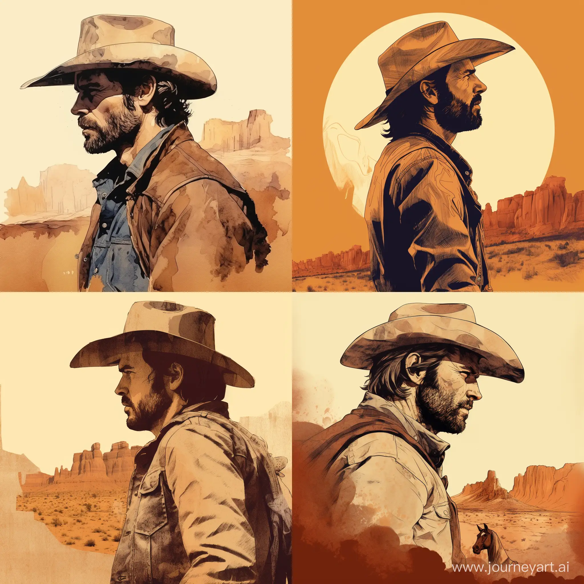 cowboy in profile, similar to Clint Eastwood, against the background of nature, book illustration style, colors ochre, brown, beige, on the background of old paper