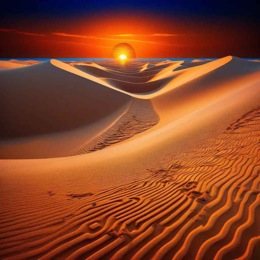 sand dune of lapis lazuli with a subtle maze and a giant orange sunset set to a surreal bold contrasts background
