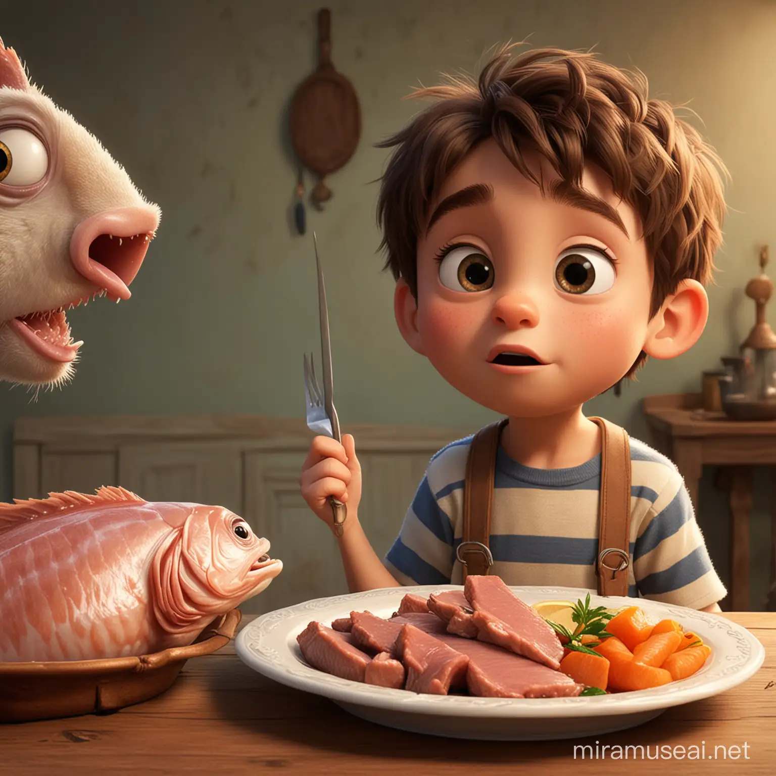 A boy wants to eat a fish and mutton ,disney pixar style