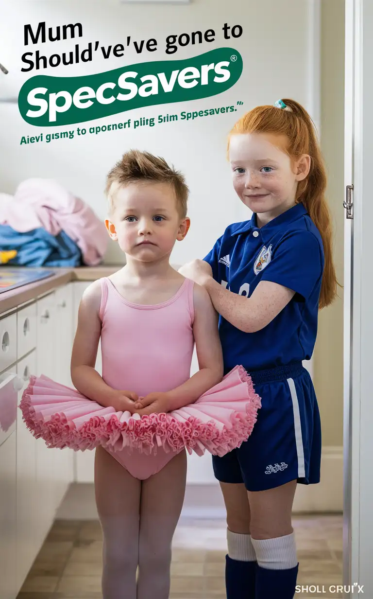 (((Gender role-reversal))), Photograph a cute thin boy age 7 with a cute face and short smart spiky blonde hair dressed in a pink ballerina leotard and a thick frilly tutu and short frilly pink socks, and a girl age 8 with long ginger hair in a ponytail dressed in a blue football uniform, in a bright kitchen next to a small pile of washing, the boy is looking at his feet, adorable, perfect hands, perfect faces, perfect faces, clear faces, perfect eyes, perfect noses, clear eyes, straight noses, smooth skin, real, photograph style, the photograph is captioned “Mum Should’ve gone to SpecSavers!”, green SpecSavers logo