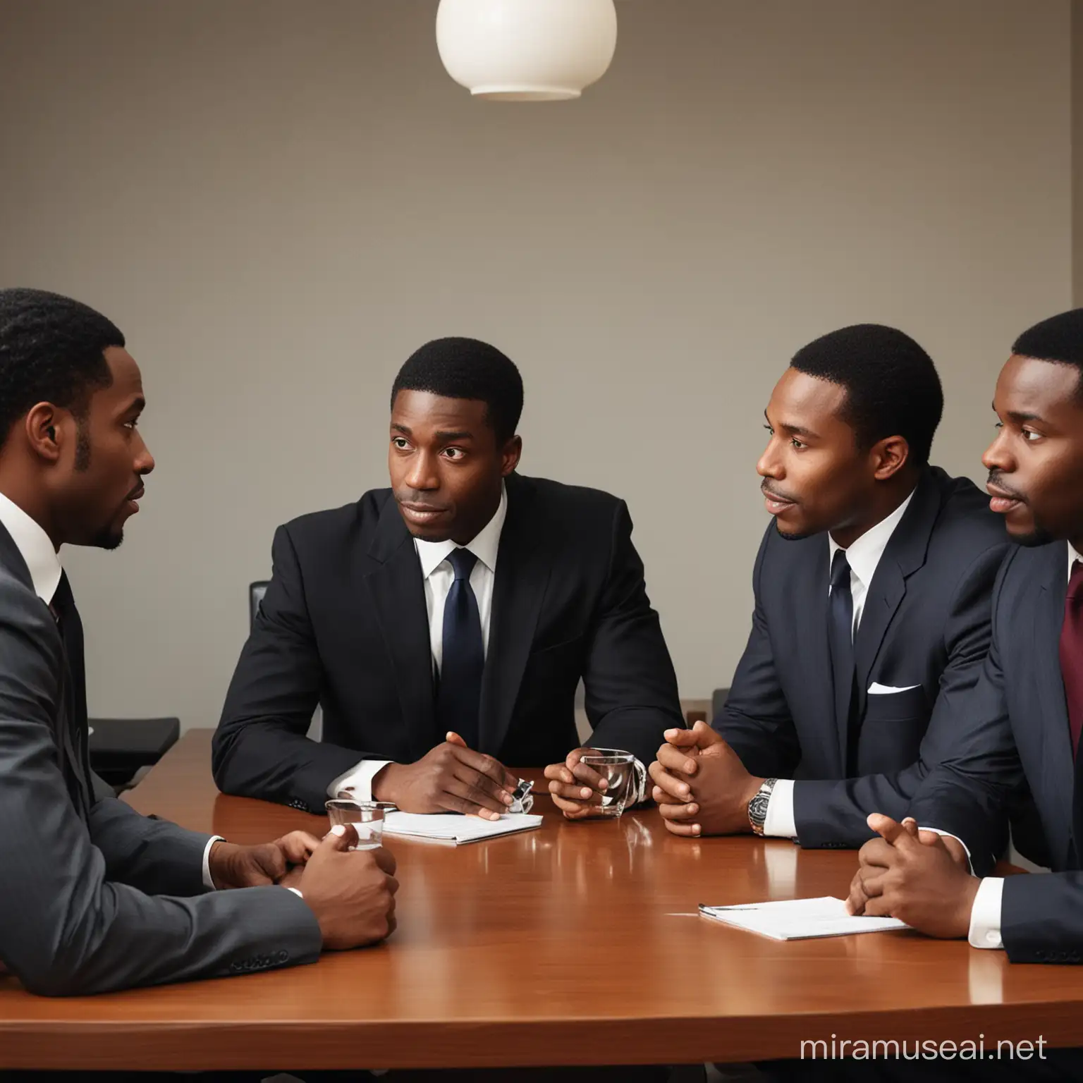 5 black men, in suits, around a table. Business is being discussed.