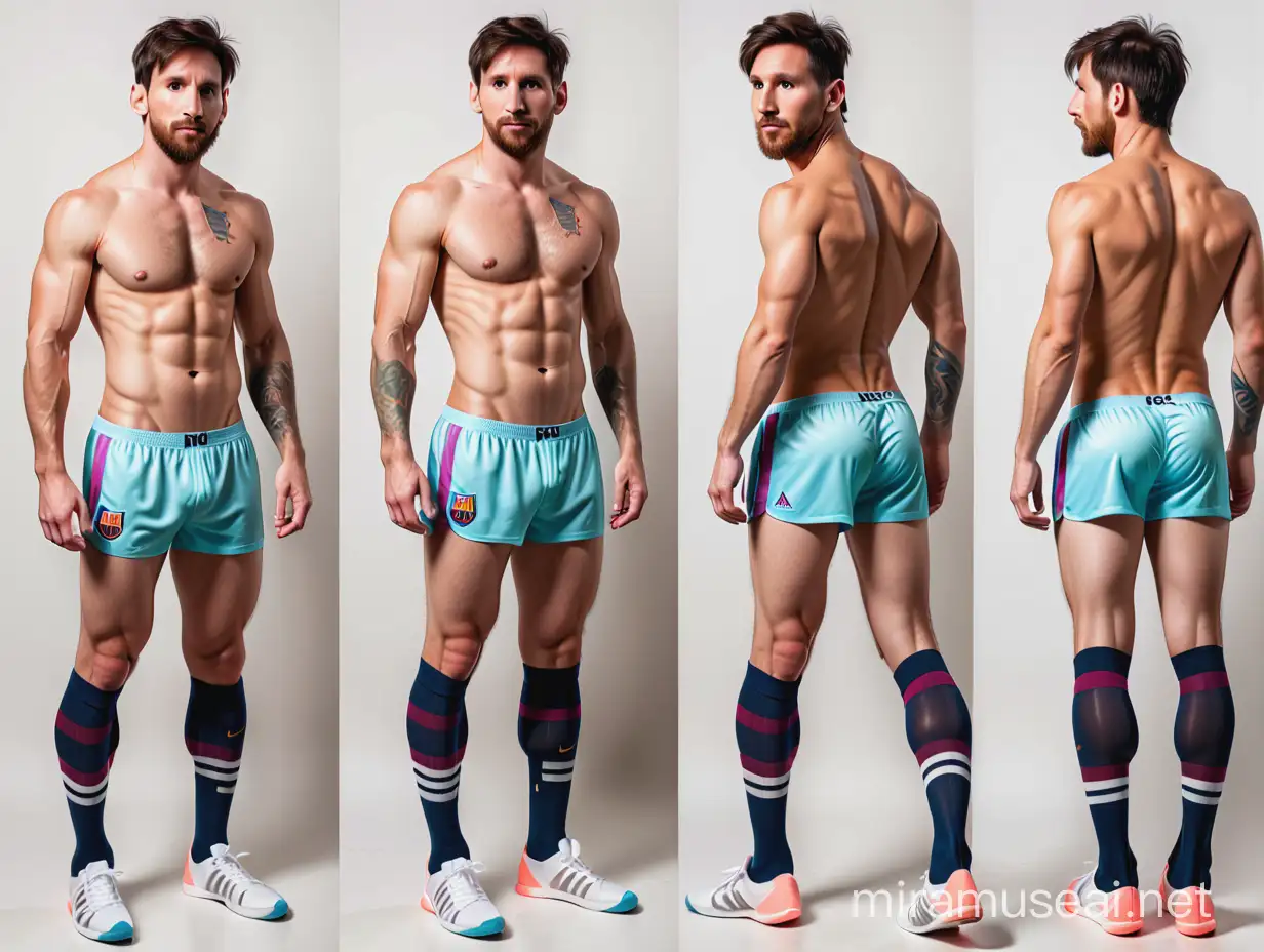 Full-length portrait of a hairy, athletic, shirtless, naked, pantless, fit man who looks exactly like Lionel Messi, wearing only jockstrap, trendy socks and sneakers . front view, side view, rear view