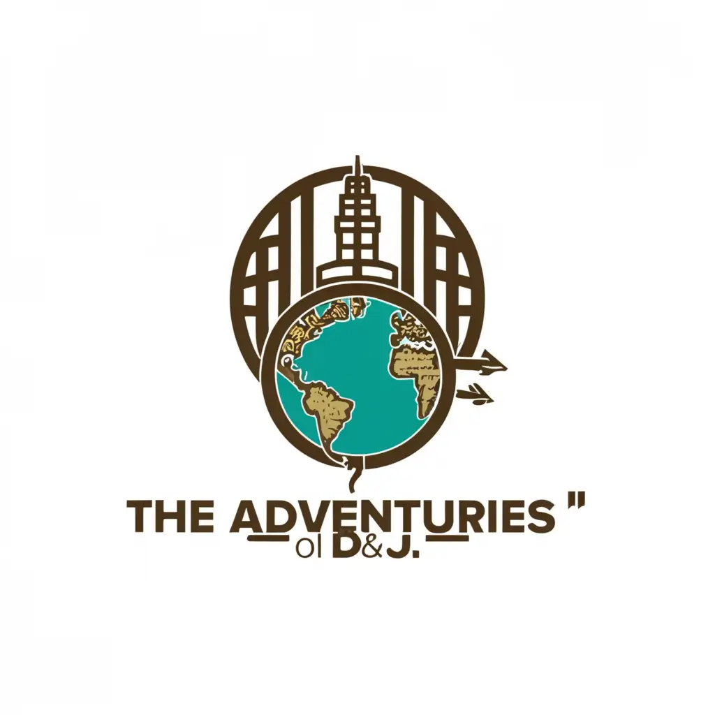 a logo design,with the text "The Adventures of D&J", main symbol:Globe, plane, hear, wine,complex,be used in Travel industry,clear background