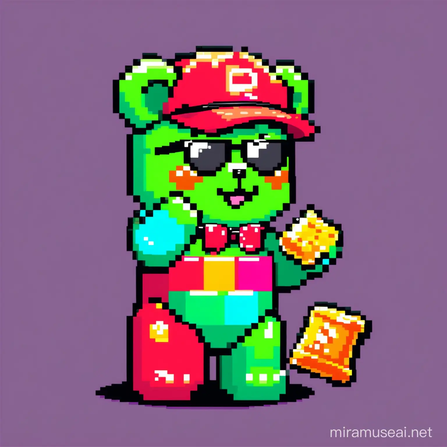 Funny and raandom colored 8 Bit solo gummy bear Mascot for Crypto Meme Token. Random accessories like cap or sunglasses or joint