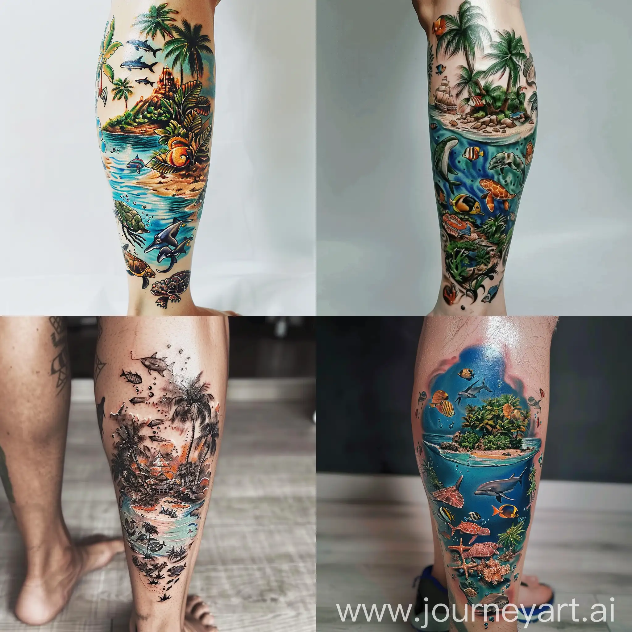 
full tatoo design for a calf of an island and tropical ocean creatures
