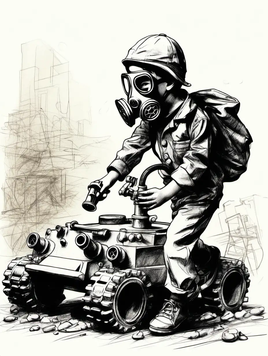 Child with Gas Mask Playing Among Toy Tanks Sketch