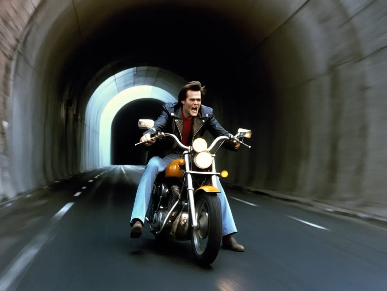 1975, movie still, side view, jim carrey, motorcycle, tunnel, fast