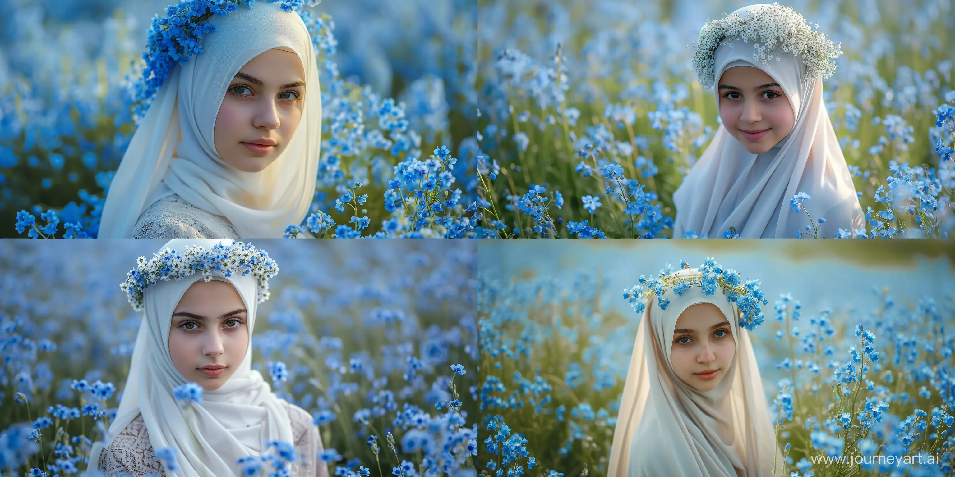 beautiful sundanese iranian girl in a beautiful white hijab dress with a wreath of forget-me-nots on her head in a auntum beautiful field of forget-me-nots ,art, cinematic, Sony A7, 4k, --ar 4:2 --v 6 --style raw --s 250