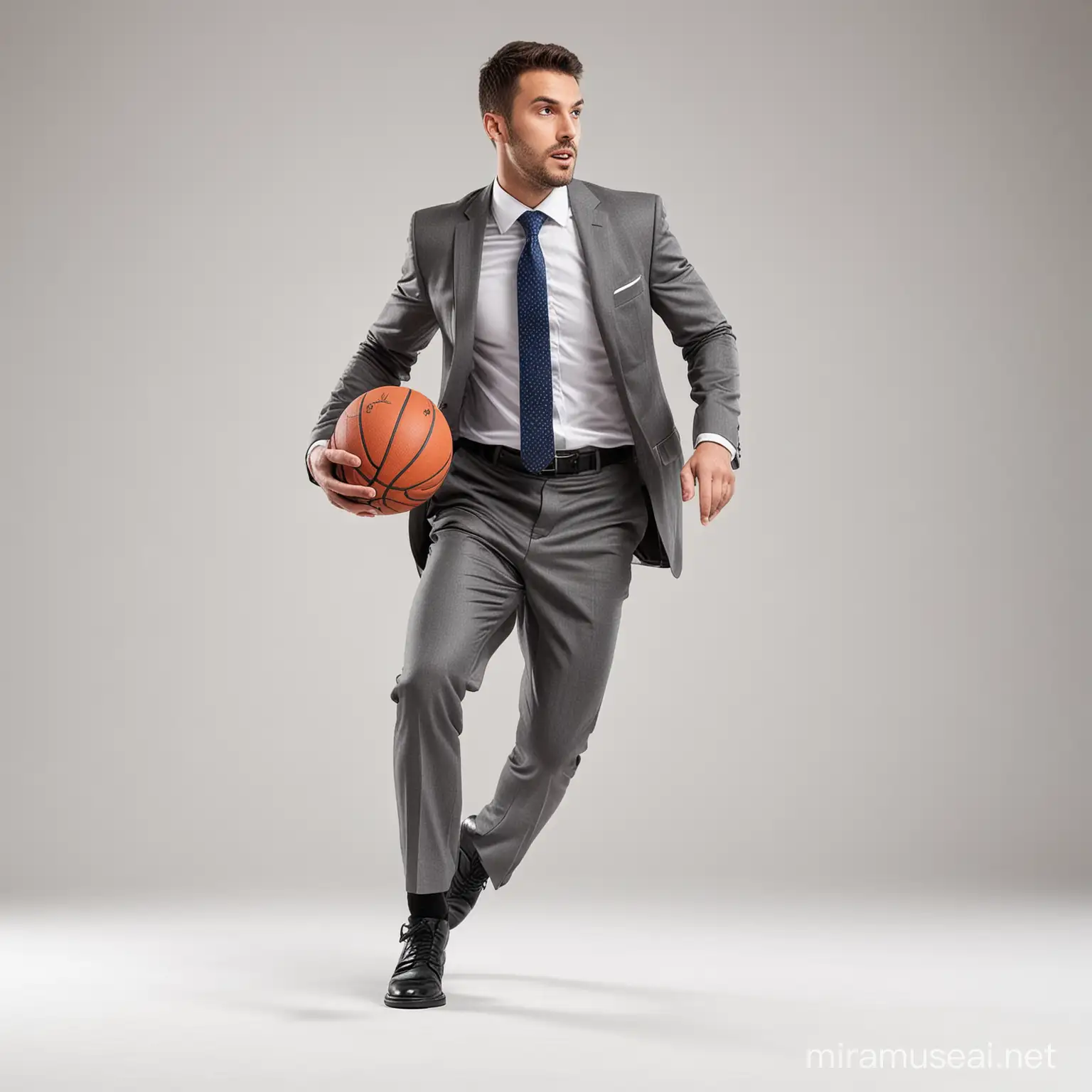 Businessman Engaged in Basketball Action on White Background