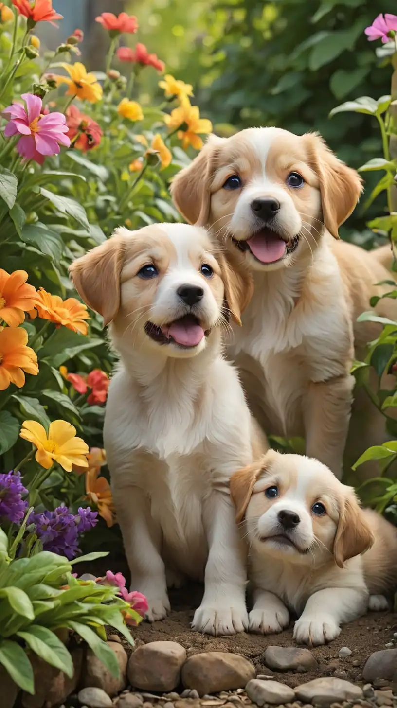 Playful Puppies in a Vibrant Garden Setting