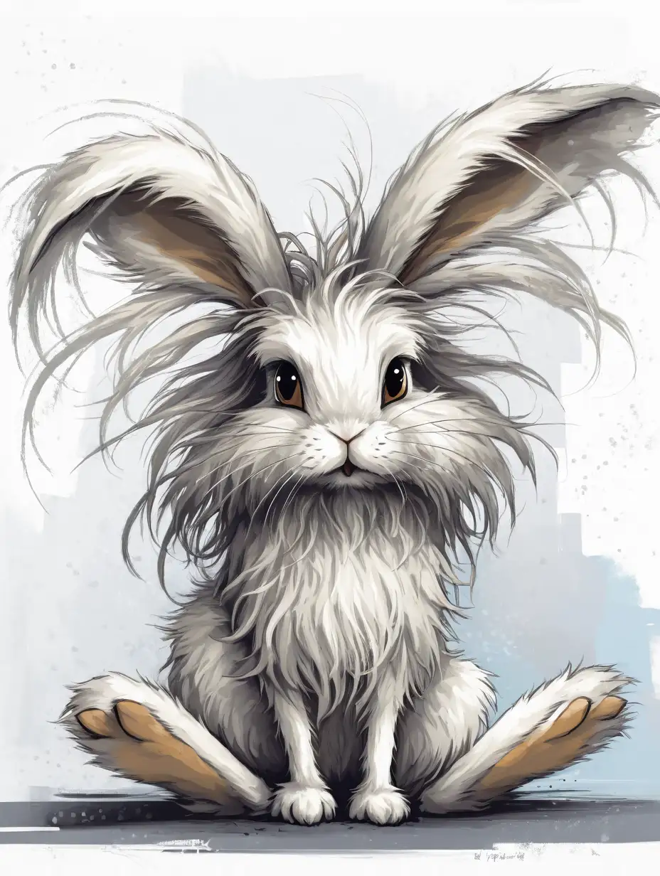 sketch of a scruffy skinny white bunny with extremely long scraggly hair, 