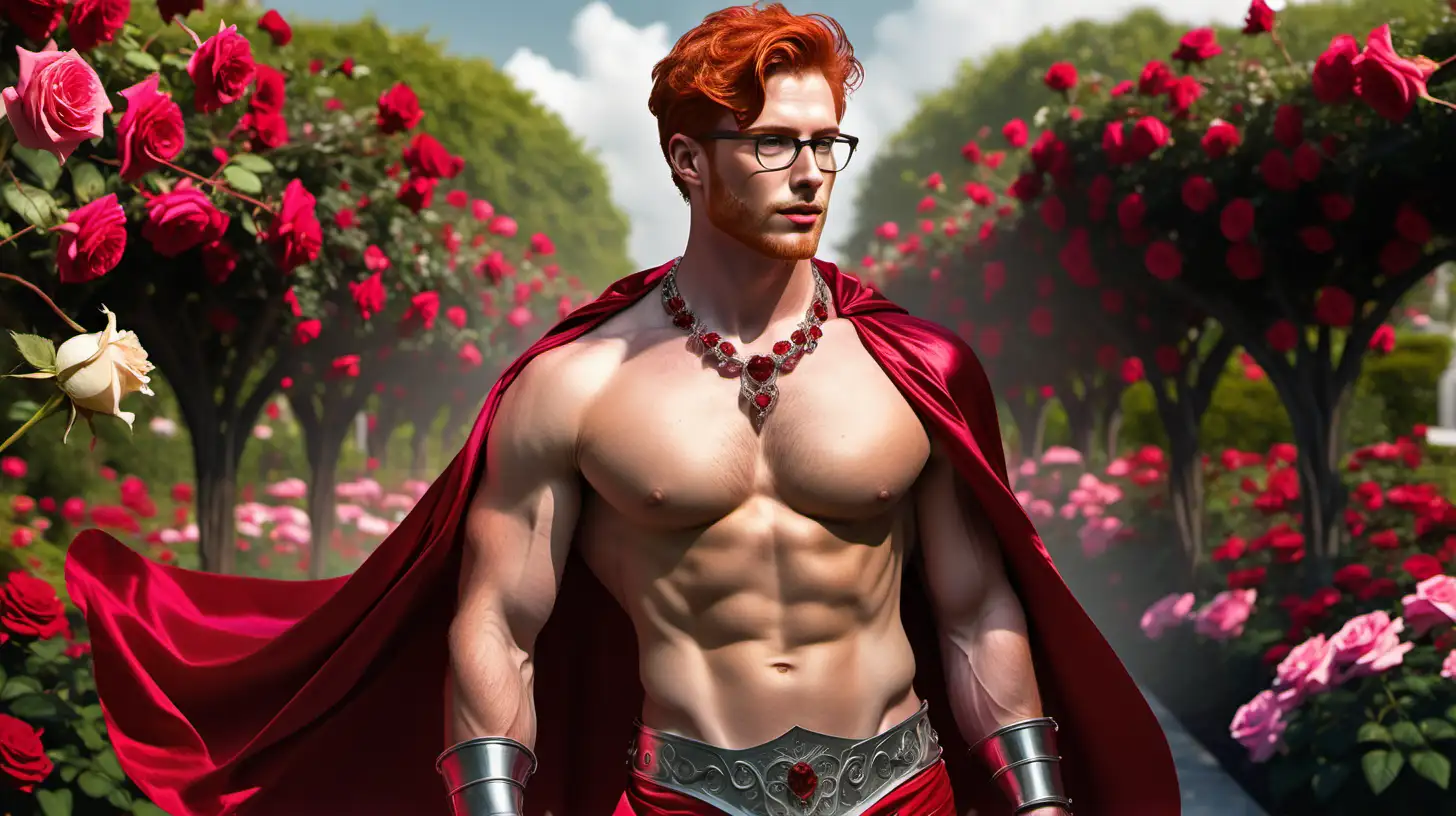 "Create an AI drawing of a handsome shirtless redhead hunk with glasses, short hair, stubble, and a hairy chest. He is adorned in a ruby necklace, a loincloth, silver gauntlets, and leg armor, standing proudly amidst a vibrant rose garden. His red cape billows gracefully in the wind, adding a touch of drama to the scene. The lush surroundings and the hunk's confident stance evoke a sense of strength, allure, and natural beauty."