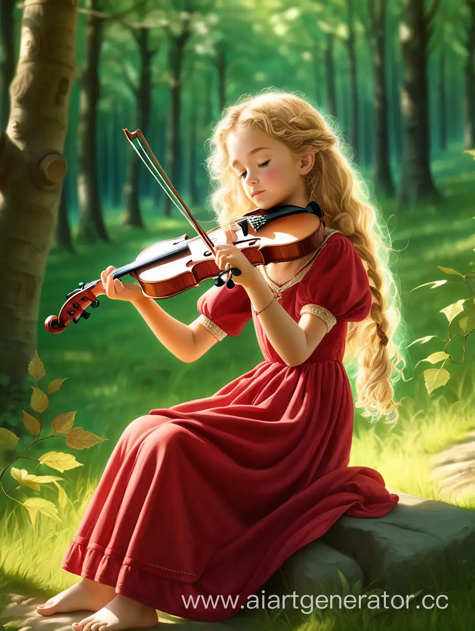 Крестьянка в красном длинном платье ходит босиком на шее весит ожерелье из листьев играет на скрипке добрая, румяная, длинные ресницы.На руках браслеты.Блондинка.Кудрявые длинные волосы.Девочка 15 лет.Сидит на опушке леса и играет на скрипке