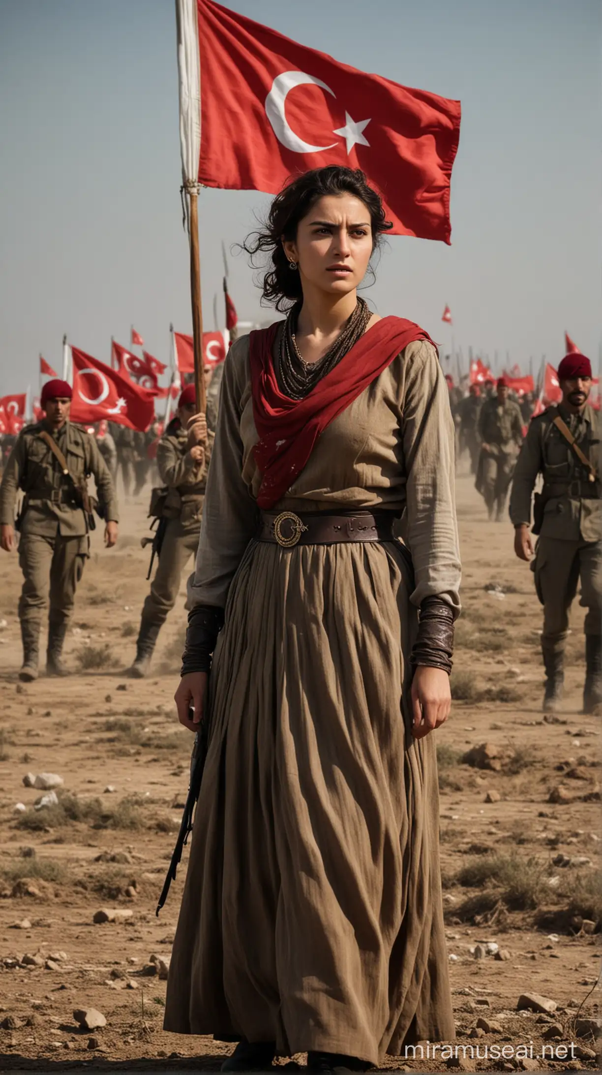 Describe a scene where Adanalı Rahmiye Hanım is portrayed as a courageous woman who participated in the Turkish War of Independence. She stands tall on the battlefield, with the Turkish flag draped over her shoulder and a determined expression on her face, surrounded by the devastating effects of war.

